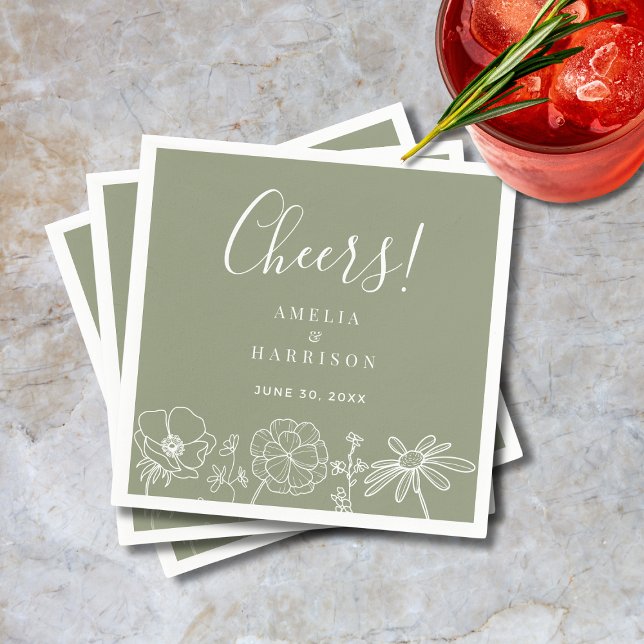 Servilleta De Papel Boda De Arte Elegante De Línea Floral De Alegría V (Cheers Sage Green Elegant Floral Line Art Wedding Cocktail Napkin with Couple Names, Wedding Date.)