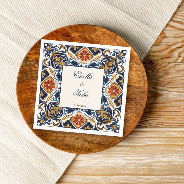 Servilleta De Papel Boda de azulejos azules de la época de Talavera Az (Vintage Talavera Azulejo blue tiles monogram personalized wedding Napkins reception decor)