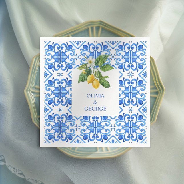 Servilleta De Papel Boda de azulejos azules y limones mediterráneos (Subido por el creador)