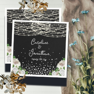 Servilleta De Papel Boda de Black Rustic White Roses String Lights