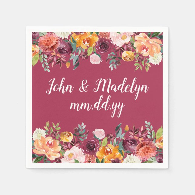 Servilleta De Papel Boda de Borgoña Serviette Floral personalizada (Anverso)