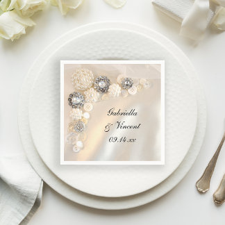 Servilleta De Papel Boda de Botones de Perla Blanca y Diamante