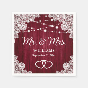 Servilleta De Papel Boda de Burgundy Rustic Wood Lace String Luces