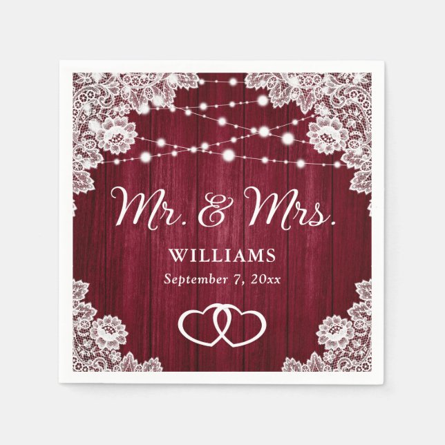 Servilleta De Papel Boda de Burgundy Rustic Wood Lace String Luces (Anverso)