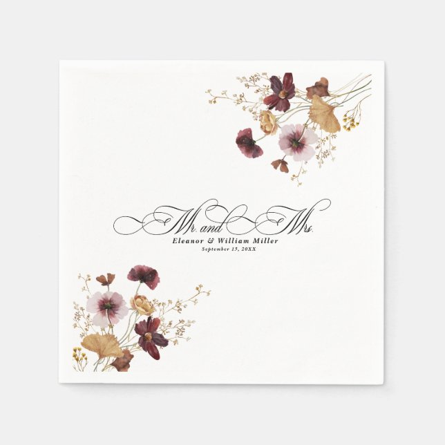 Servilleta De Papel Boda de caligrafía floral acuarela de flores silve (Anverso)