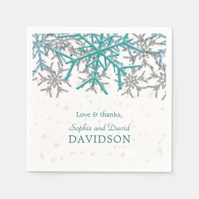 Servilleta De Papel Boda de copos de nieve turquesa plata de invierno (Anverso)
