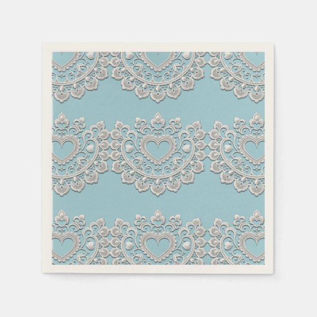 Servilleta De Papel Boda de corazón azul turquesa blanco (Anverso)