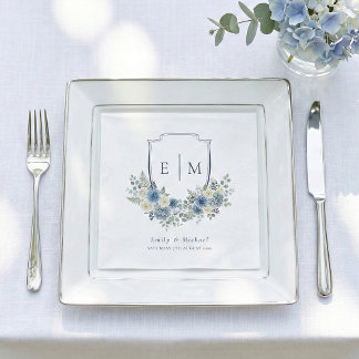 Servilleta De Papel Boda de cresta floral de acuarela azul