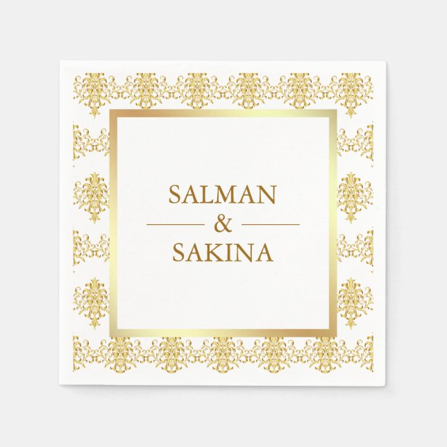 Servilleta De Papel Boda de Damasco Blanco y Dorado (Anverso)