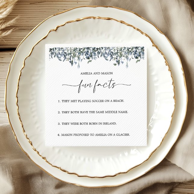 Servilleta De Papel Boda de datos divertidos botánicos verde Dusty Blu (Dusty Blue Botanical Greenery Fun Facts Wedding Napkins)