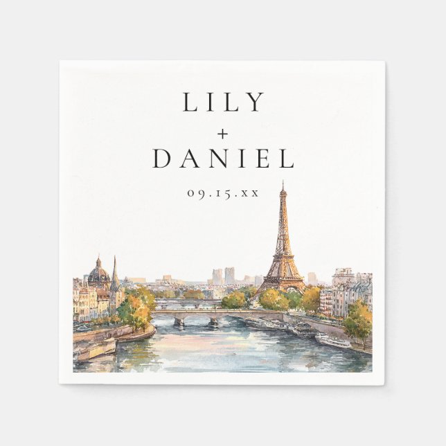 Servilleta De Papel Boda de destino en París Francia acuarela (Anverso)