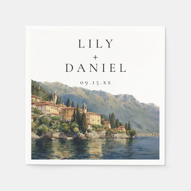 Servilleta De Papel Boda de destino italiano en Lago Como con acuarela (Anverso)