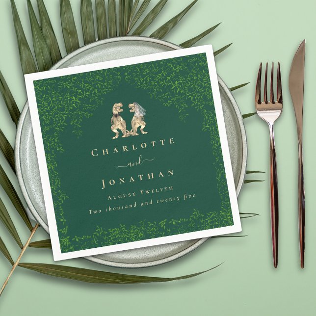 Servilleta De Papel Boda de dinosaurios Verde oscuro (dinosaur bride and groom wedding Jurassic eucalyptus foliage custom napkins)