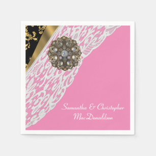 Servilleta De Papel Boda de encaje blanco y negro rosa y dorado