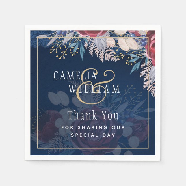 Servilleta De Papel Boda de encaje floral de borgoña azul inagotable (Anverso)