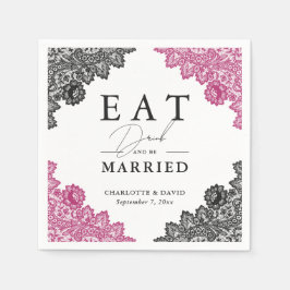 Servilleta De Papel Boda de encaje floral rosa y negro caliente