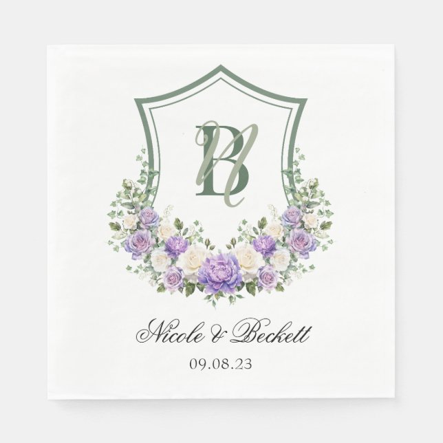 Servilleta De Papel Boda de Escudo morado floral blanco (Anverso)