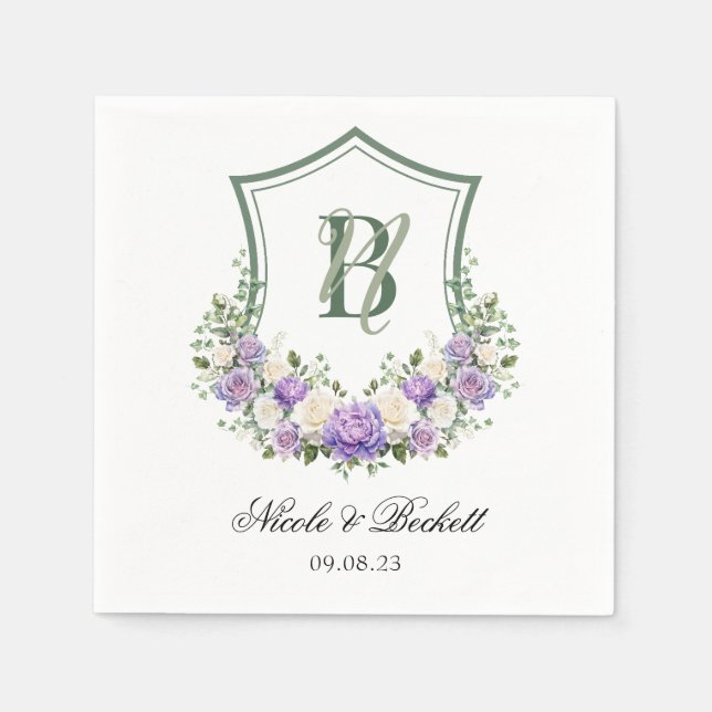 Servilleta De Papel Boda de Escudo morado floral blanco (Anverso)