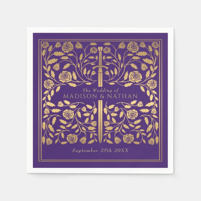 Servilleta De Papel Boda de espadas doradas moradas (Anverso)