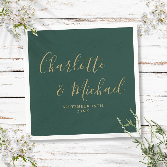 Servilleta De Papel Boda De Firmas Elegante De Emeralda Verde Y Oro (Emerald Green And Gold Elegant Signature Wedding Napkins)