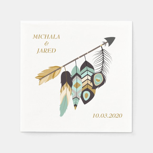 Servilleta De Papel Boda de flecha de pluma verde azulada (Anverso)