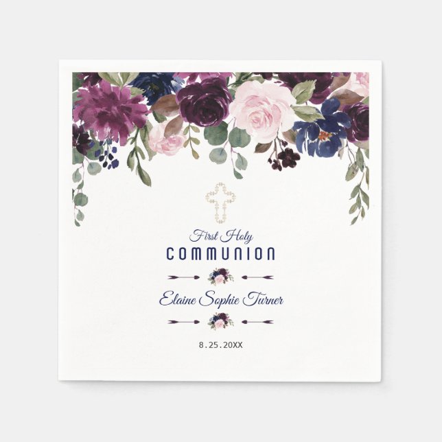 Servilleta De Papel Boda de flor floral azul de la Marina Lavender (Anverso)