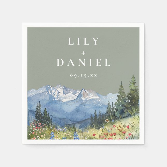 Servilleta De Papel Boda De Flor Silvestre De Montaña De Acuarela Verd (Anverso)