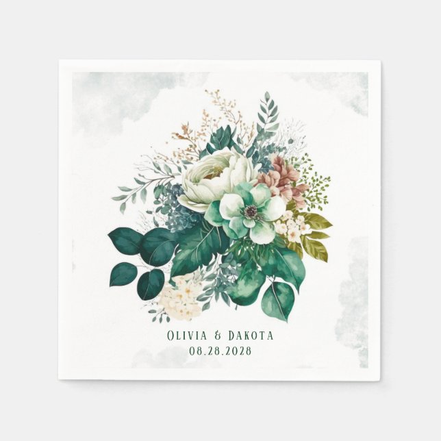 Servilleta De Papel Boda de Floración Verde Esmeralda y Crema (Anverso)