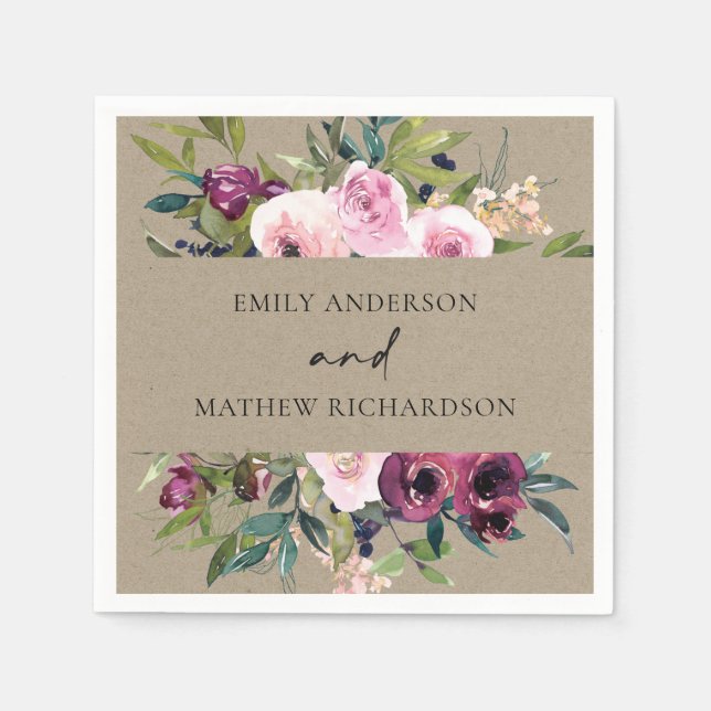 SERVILLETA DE PAPEL BODA DE FLORAL BURGUNDY BRAFT RUBOR BURGUNDY (Anverso)