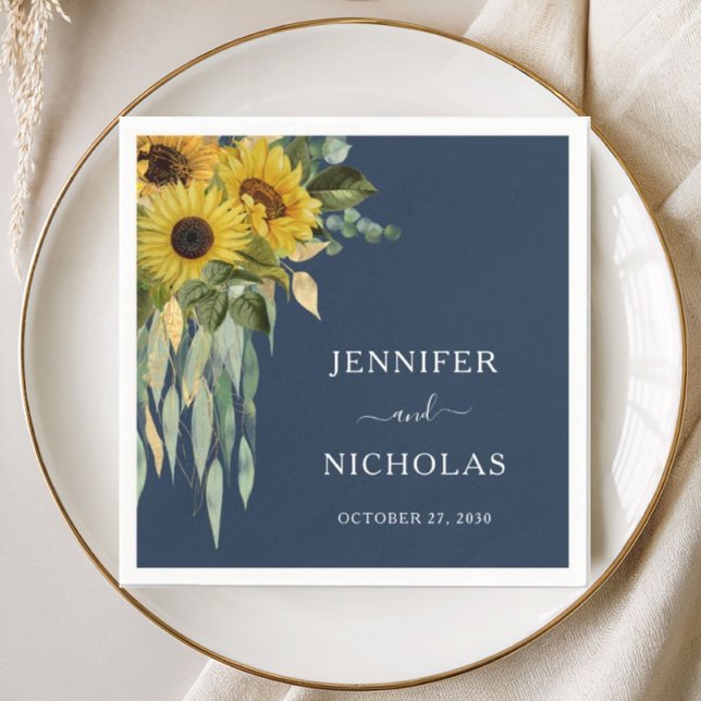 Servilleta De Papel Boda de flores azules de girasol y eucalipto (Navy Blue Floral Sunflower Eucalyptus Wedding Napkins)
