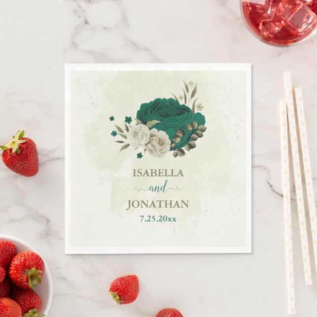 Servilleta De Papel boda de flores beige verde esmeralda (In situ)