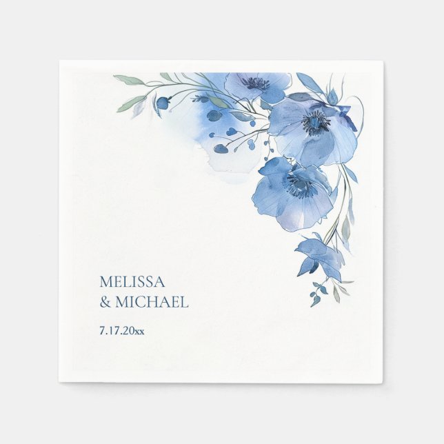 Servilleta De Papel Boda de flores de acuarela azul (Anverso)