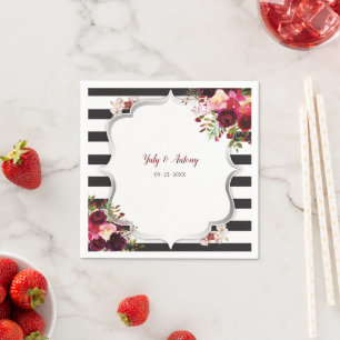 Servilleta De Papel Boda de flores de Borgoña con rayas negras y blanc
