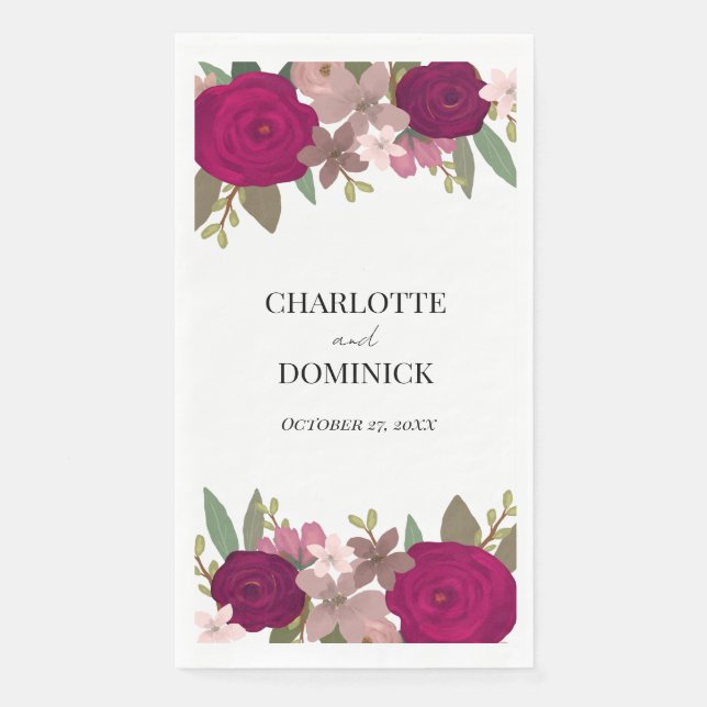 Servilleta De Papel Boda de flores de jardín de Borgoña  (Anverso)