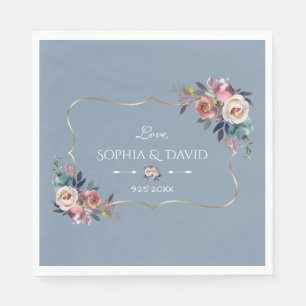 Servilleta De Papel Boda de flores de rosa brumosa azul polvoriento or