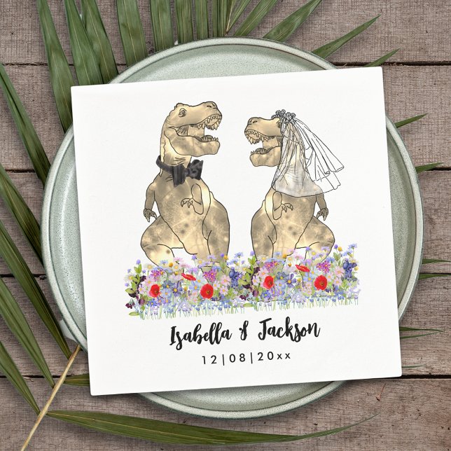 Servilleta De Papel Boda de flores silvestres con tema de dinosaurios (Funny Dinosaur wedding T-Rex bride and groom in a colorful wildflower meadow custom wedding napkins )
