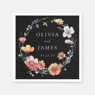 Servilleta De Papel Boda de flores silvestres de color negro