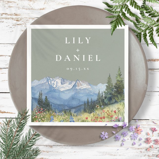 Servilleta De Papel Boda de flores silvestres de montaña en acuarela v (Sage Green Watercolor Mountain Wildflower Wedding Napkins)
