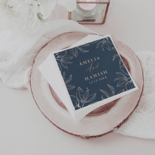 Servilleta De Papel Boda de follaje de oro azul oscuro y Rosa moderno