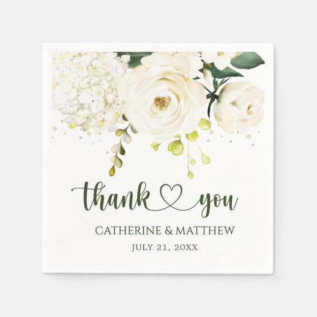 Servilleta De Papel Boda de follaje verde de rosas blancas (Anverso)