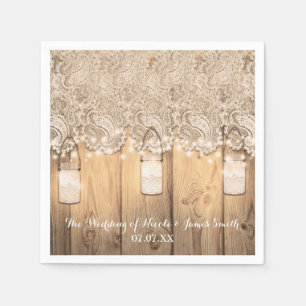 Servilleta De Papel Boda de frasco de albañil iluminado y encaje de ma