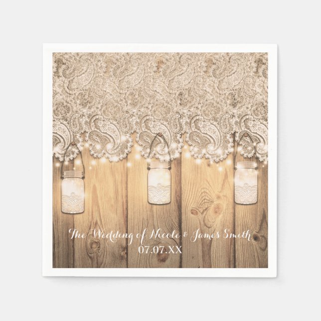 Servilleta De Papel Boda de frasco de albañil iluminado y encaje de ma (Anverso)