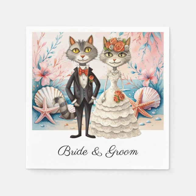 Servilleta De Papel Boda de gatos con temática Novia y Groom Beach (Anverso)