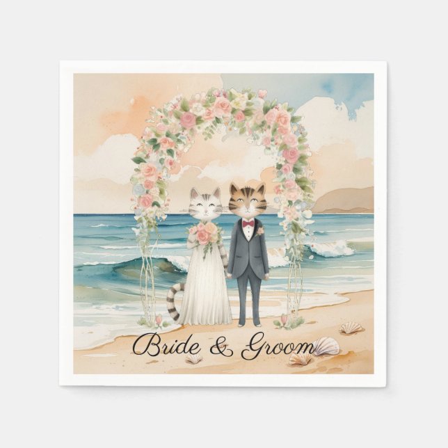 Servilleta De Papel Boda de gatos con temática Novia y Groom Beach (Anverso)