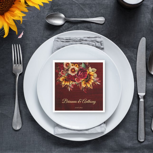 Servilleta De Papel Boda de girasol  burgundy monograma impreso (Fall sunflower wedding burgundy monogram printed napkins template personalized sunflower tableware)