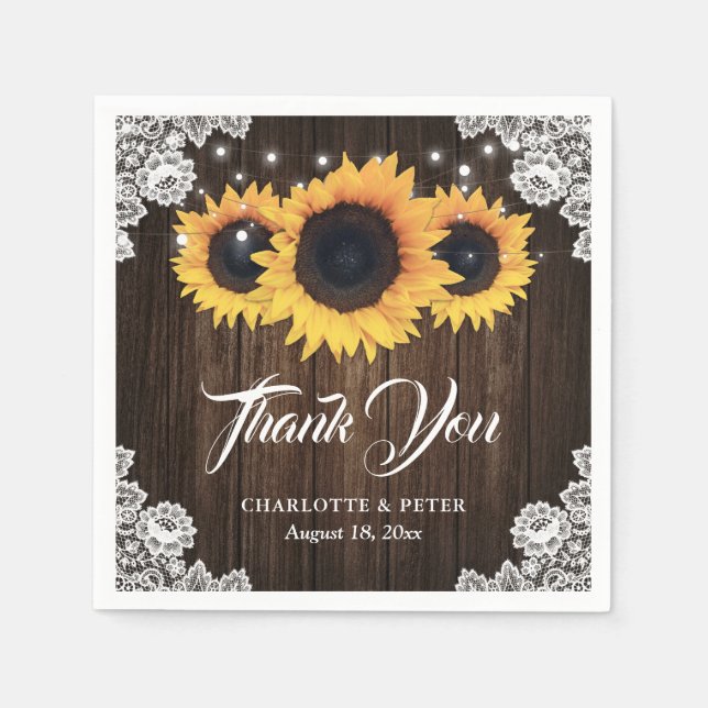 Servilleta De Papel Boda de girasol Rustic Wood Lace Gracias (Anverso)