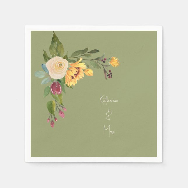 Servilleta De Papel Boda de girasol verde cóctel (Anverso)