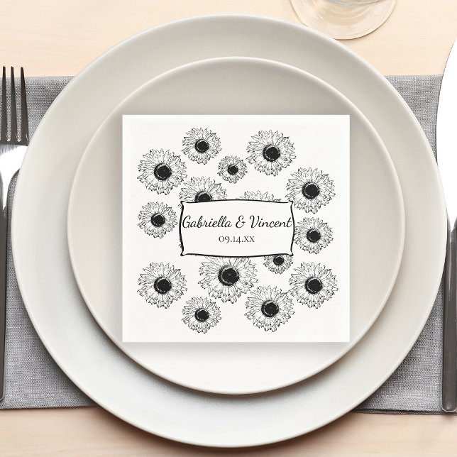 Servilleta De Papel Boda de girasoles dispersos en blanco y negro (Subido por el creador)