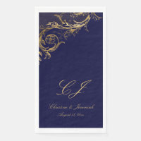 Boda de guiones de Damasco Floral de Oro Azul Vint