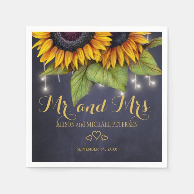 Servilleta De Papel Boda de guiones de Sunflowers chalkboard mr y mrs (Anverso)